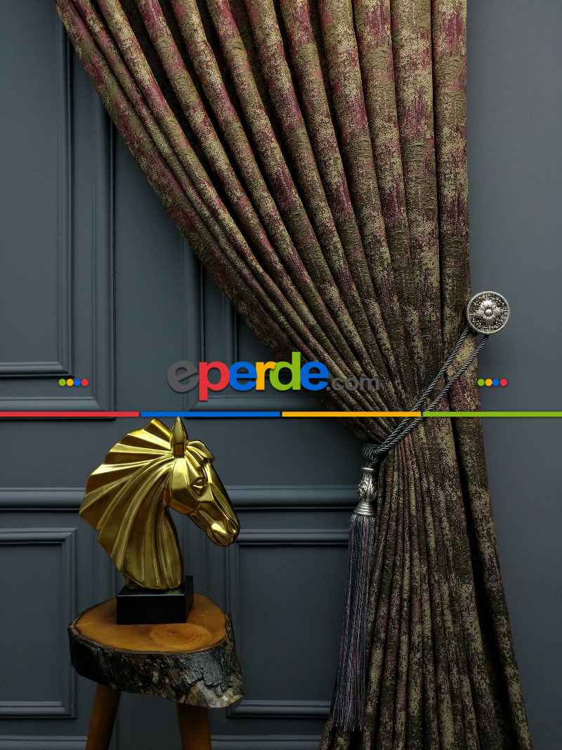 Oturma Odası - PatineDesenli Modern Desenli Jakarlı Fon Perde Yeni Seri 401- Bej-haki-mürdüm