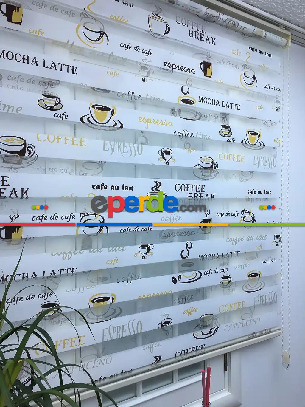 Fincan Desenli Zebra Perde,mutfak- Sarı-Kahve Koyu