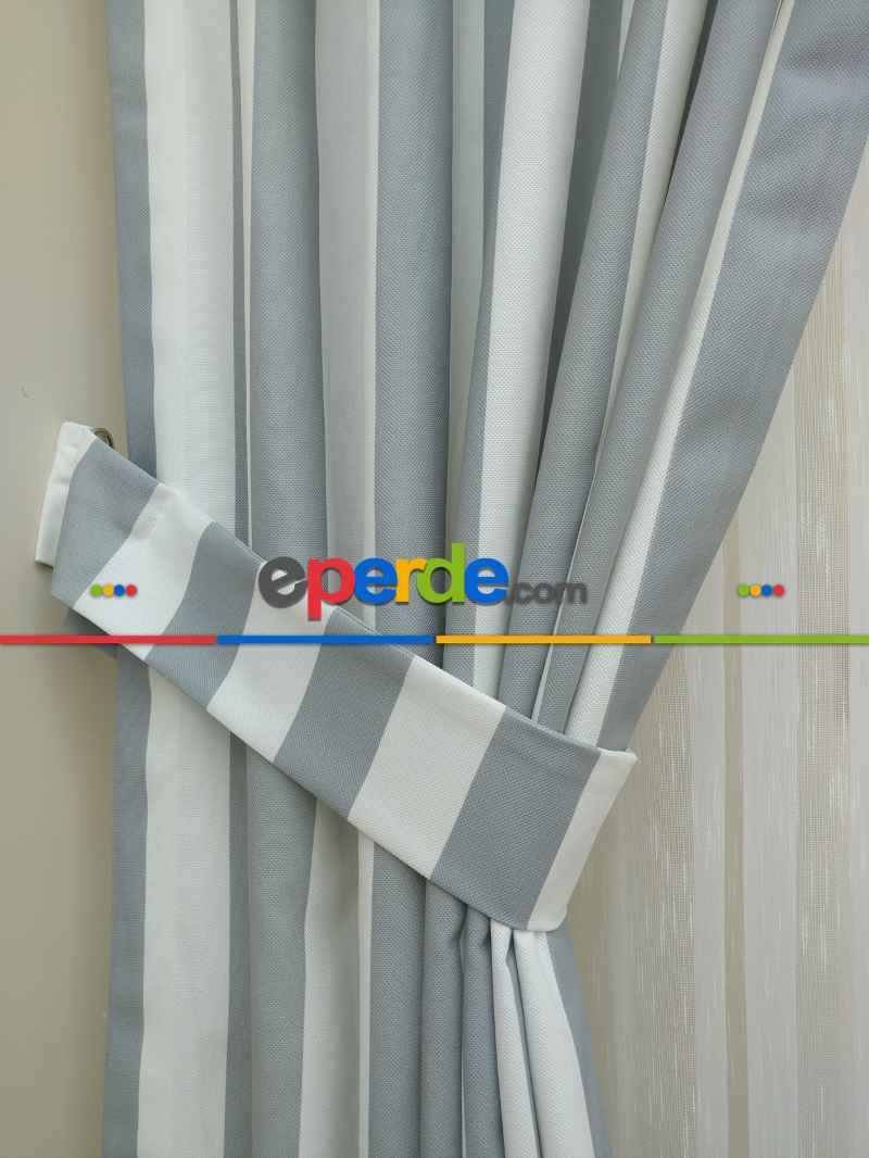 Gri Beyaz Çizgili Kaliteli Fon Perde Modelleri- Mavi-Beyaz