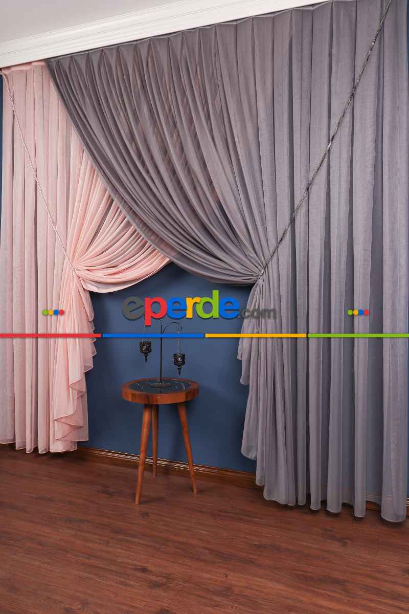 Gri - Pudra Renkli Krevize Düz Tül Perde ( Kordon Hediyeli )