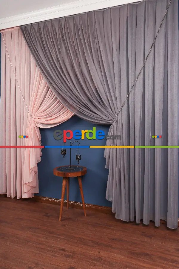 Gri - Pudra Renkli Krevize Düz Tül Perde ( Kordon Hediyeli )