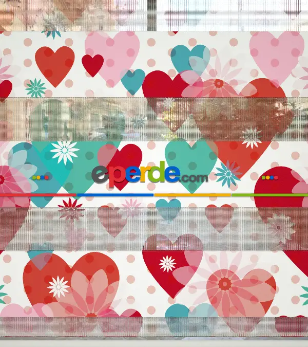 Çocuk Odası Zebra - Kalp Desenli Baskılı Zebra Perde- Çok Renkli