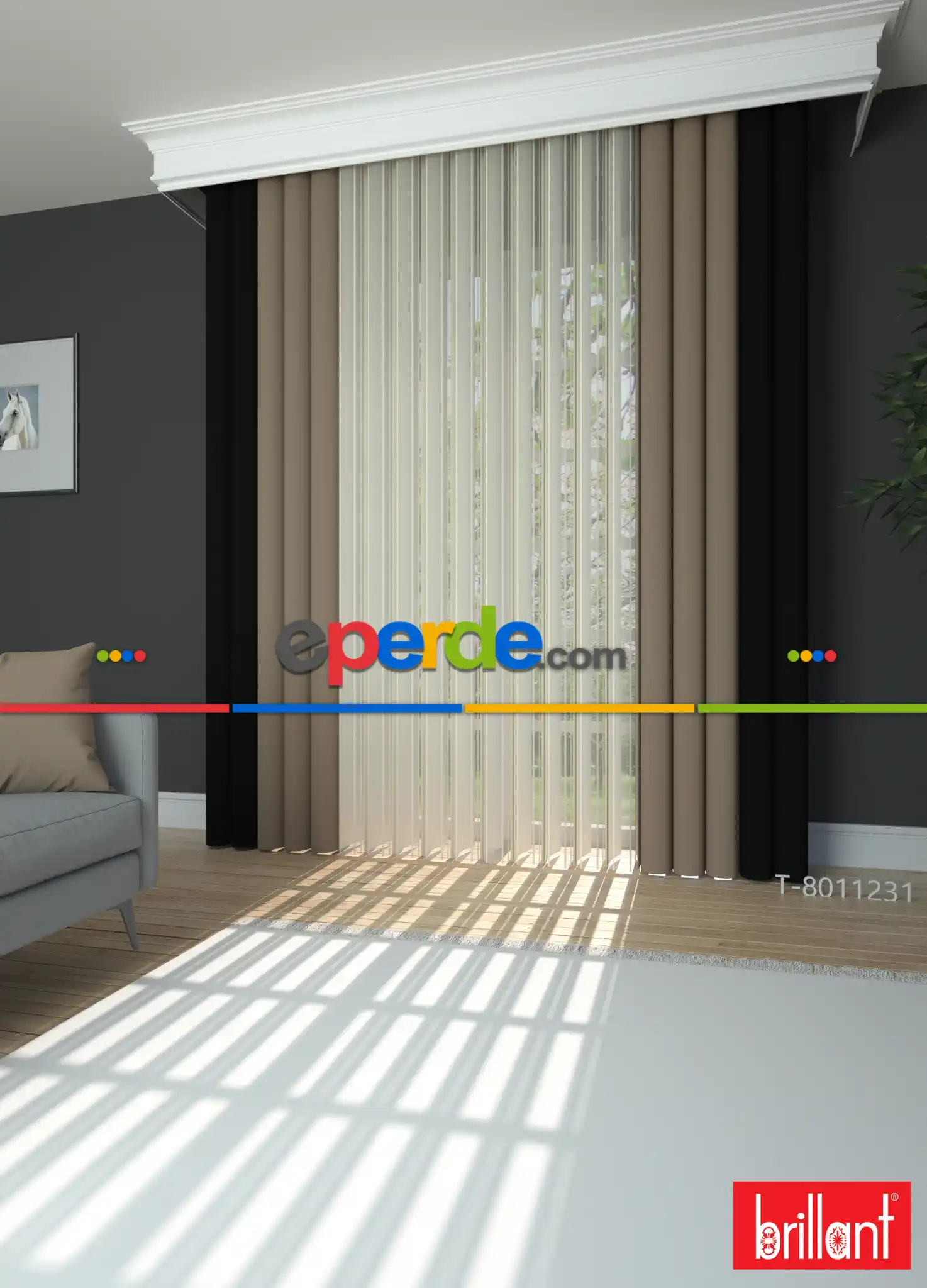 Brillant Akıllı Tül Siyah-açık Kahverengi Perde Tül Dikey Zebra Perde Düz 1. Kalite