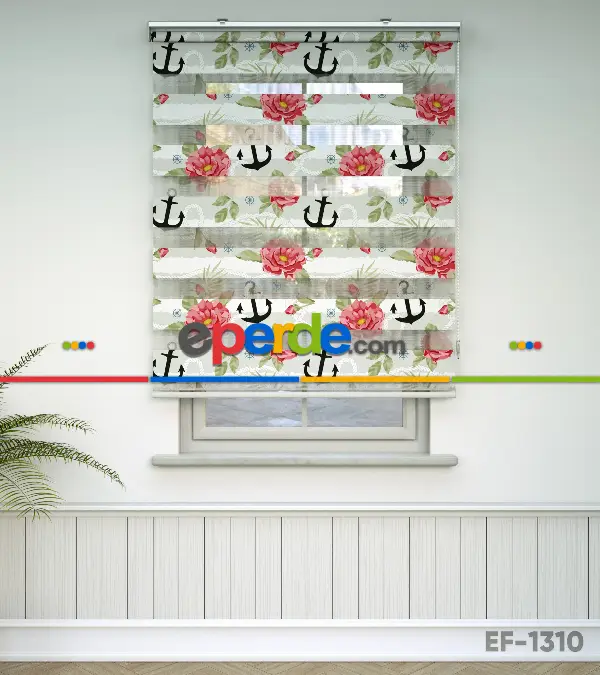 Çocuk Odası Zebra Perde - Çapa Baskılı Zebra Perde- Siyah-Kırmızı-Beyaz