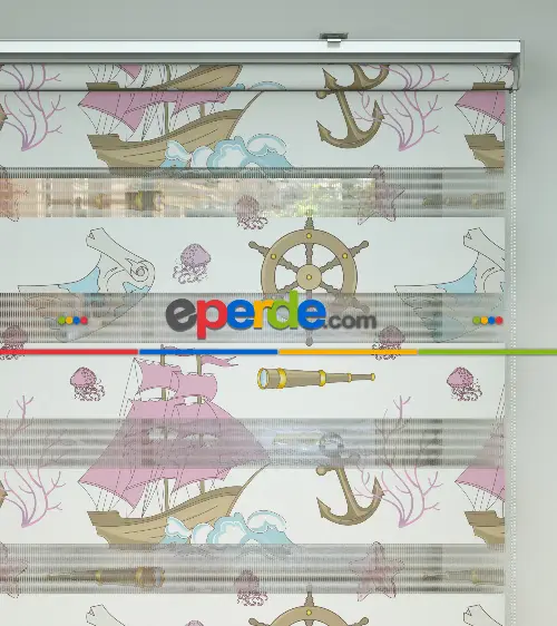 Denizci Desen Baskılı Zebra Perde- Mavi-pembe-çok Renkli