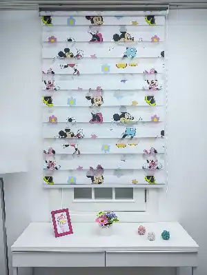 Zebra Perde- Dijital Mickey-mini Mouse Baskılı Zebra Perde- Mavi-sarı-pembe