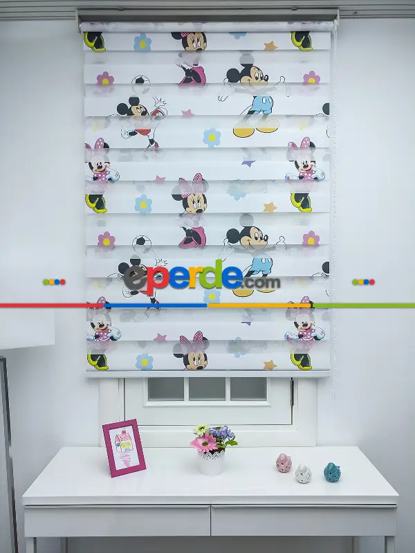 Çocuk Odası - Minnie Mouse Ve Mikie Mouse Zebra Perde- Mavi