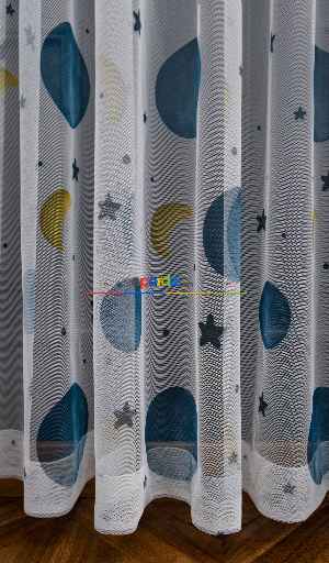 Hazır Ölçülü Petek Zemin Gece Mavisi Ve Sarı Renkli Gezegenler Desenli Grek Baskılı Tül Perde