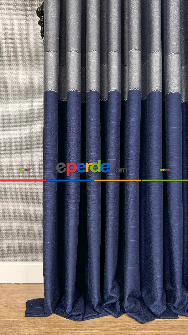 Koyu Mavi Gri Jakar Dokuma Fon Perde