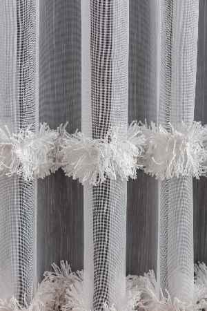 Bambu Zemin, Etek Püsküllü Tül Perde, Bambu Doğal Dokulu, Ekru