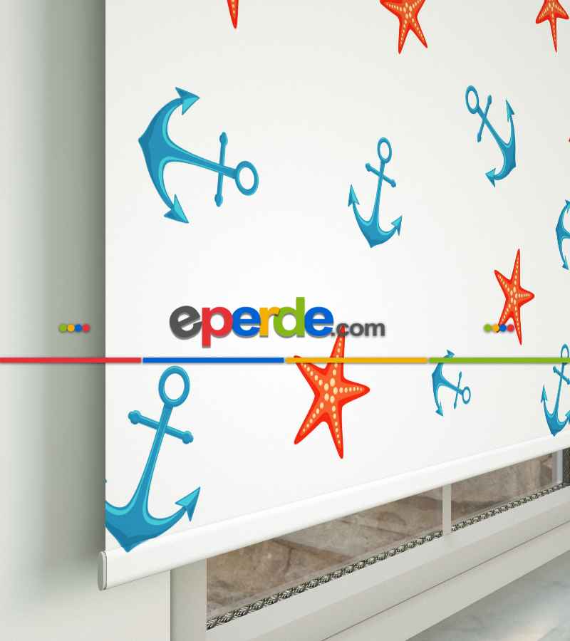 Genç Odası - Çapa Desenli Baskılı Stor Perde- Çok Renkli