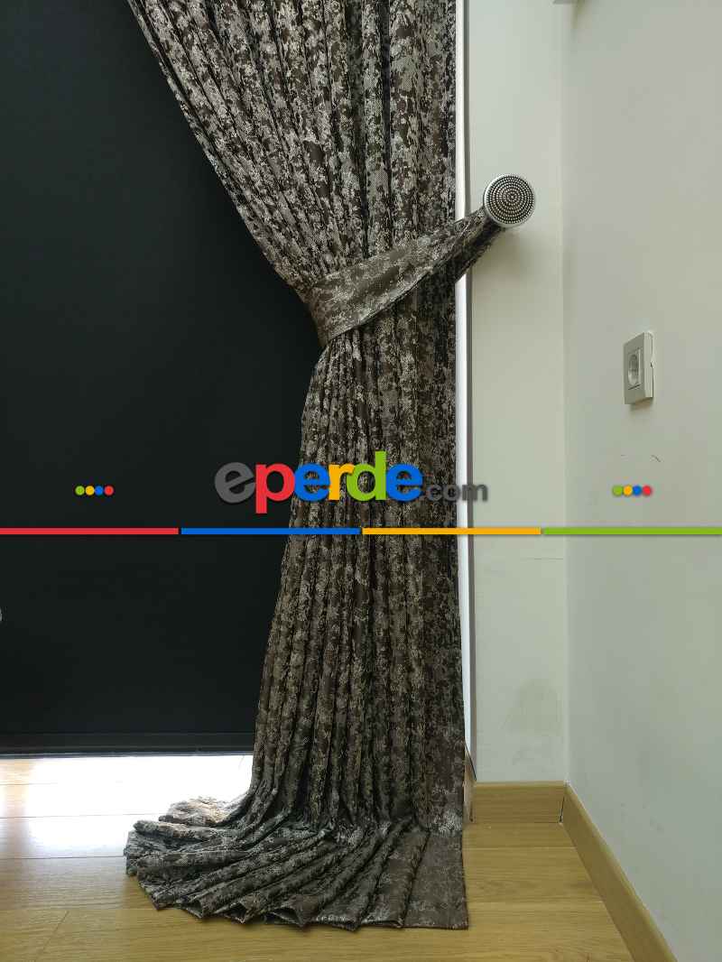 Krem Kahve Desenli Jakar Fon Perde - Kahve