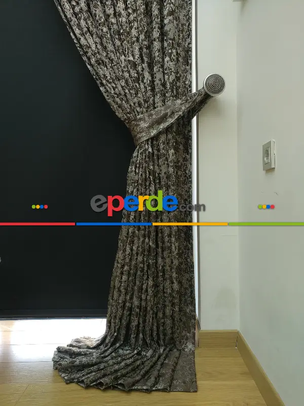 Krem Kahve Desenli Jakar Fon Perde - Kahve