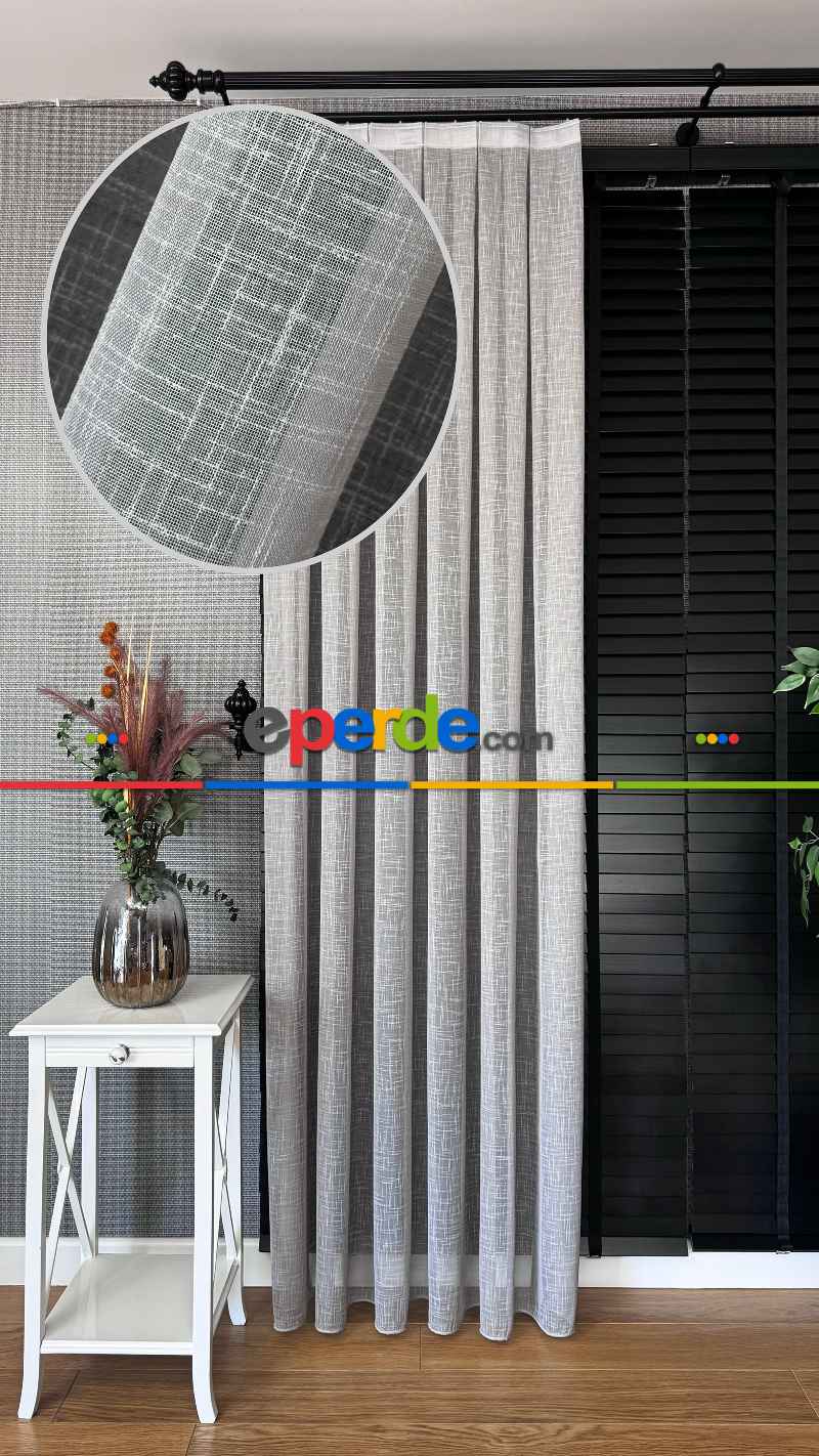 Açık Gri Keten Düz Tül Perde - Premium Serisidir, Eteği Kurşunlu Tül