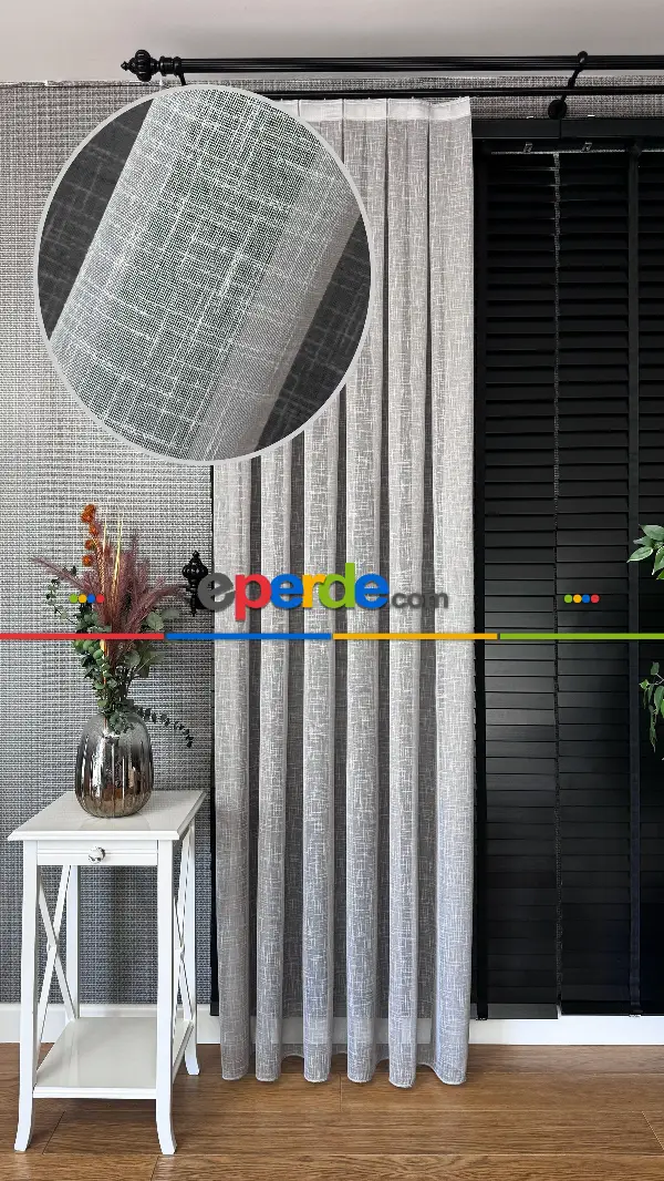 Salon Açık Gri Naturel Keten Düz Tül Perde - Premium Serisidir, Eteği Kurşunlu Tül