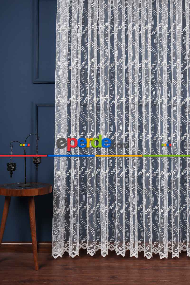 Es Brode Nakış İşlemeli Tül Perde - Çiçek Desenli