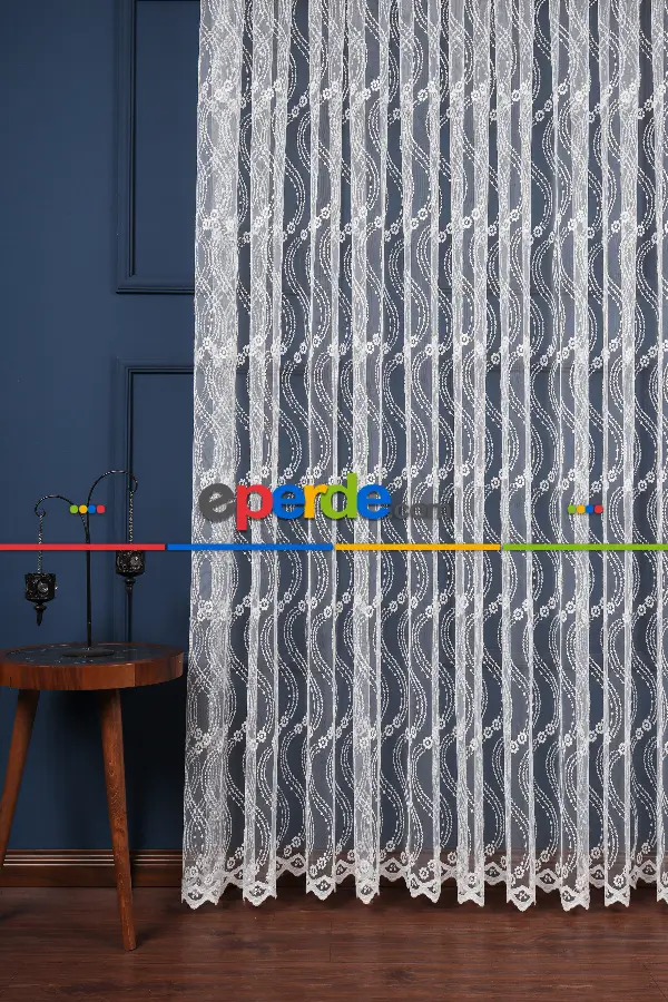 Es Brode Nakış İşlemeli Tül Perde - Çiçek Desenli