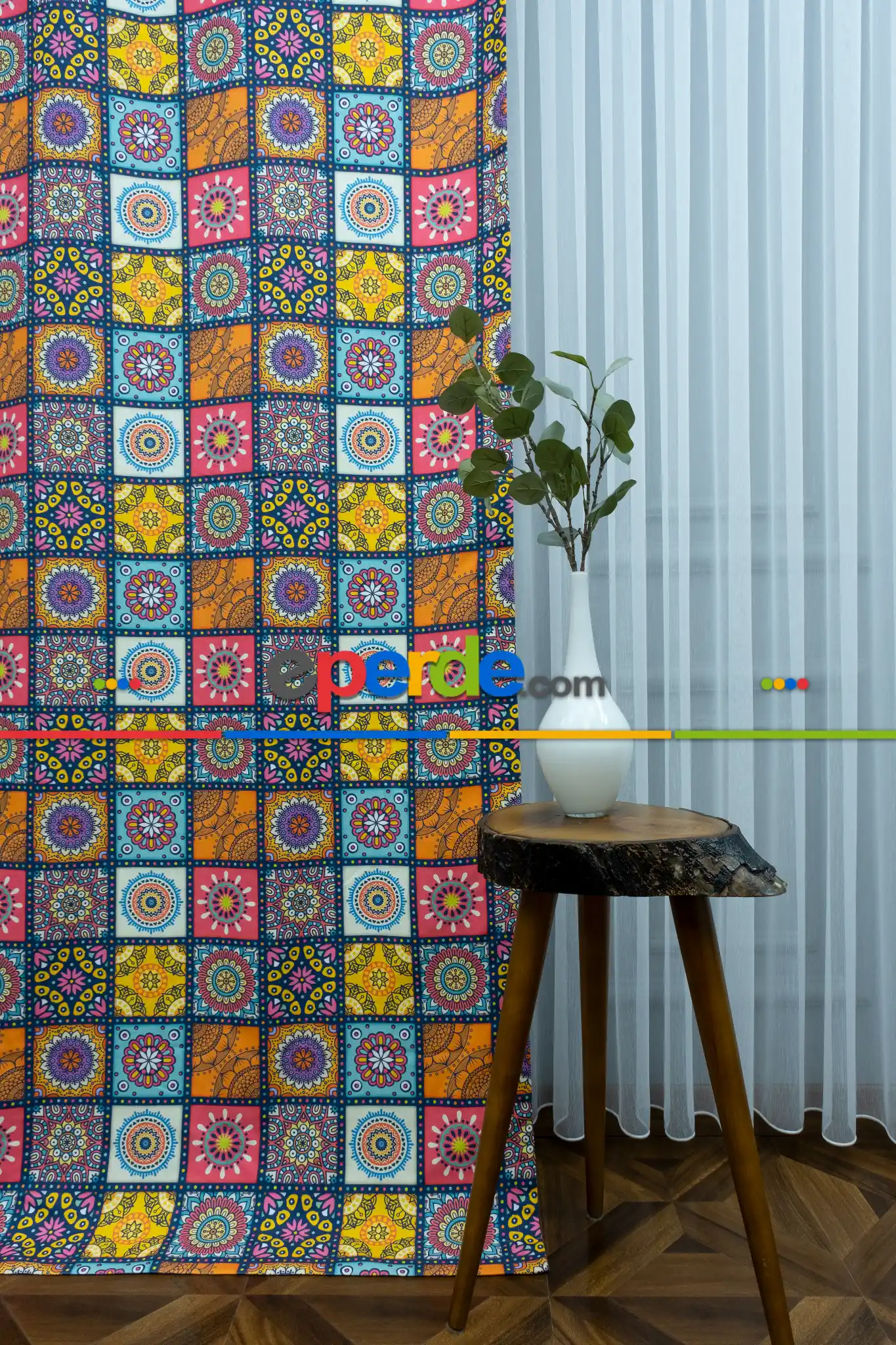 Etnik Desenli Fon Perde K508 E - Kumaşı Kalındır Duck Bezi Değildir.- Sarı-Turkuaz-Pembe-Kahve-Hardal Sarısı-Çok Renkli