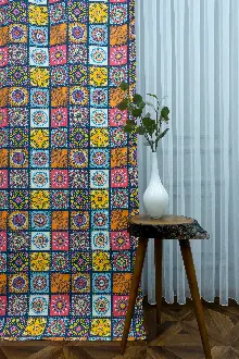 Mutfak Perdesi Kanat Fon Perde Patcwork Desenli- Sarı