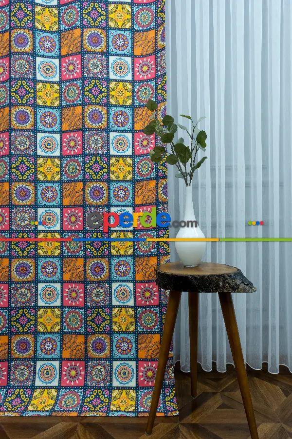 Etnik Desenli Fon Perde K508 E - Kumaşı Kalındır Duck Bezi Değildir.- Sarı-Turkuaz-Pembe-Kahve-Hardal Sarısı-Çok Renkli