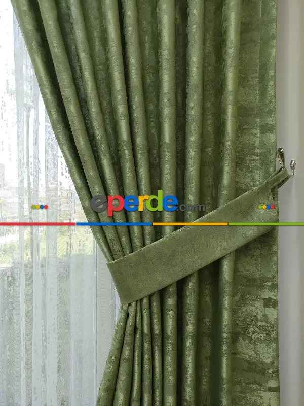 Patinedesenli Fıstık Yeşili - Katyonik Jakar Fon Perde- Fıstık Yeşili