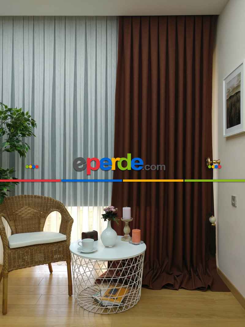 Keten Kahve Renk Düz Fon Perde- Kahve