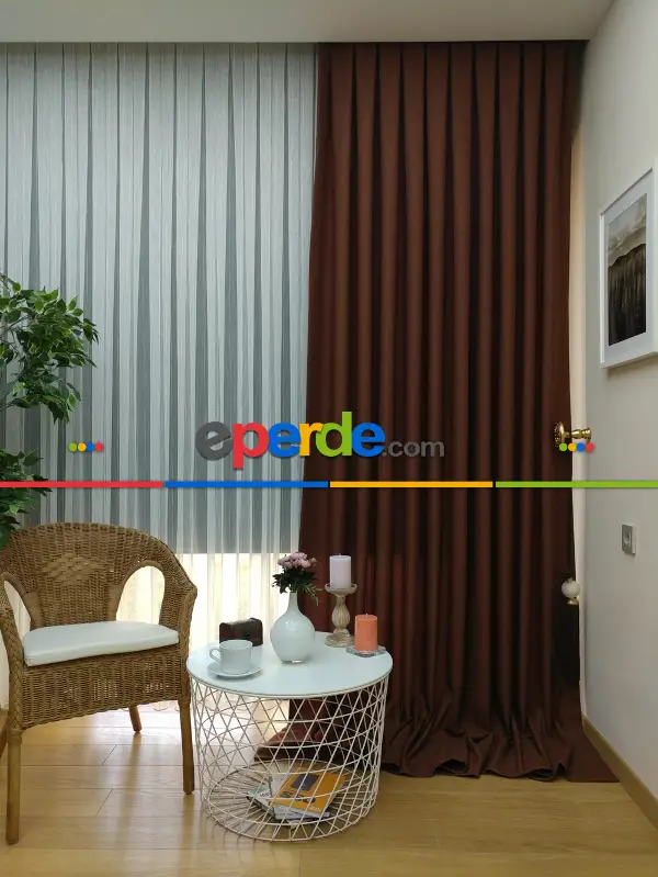 Salon Fon Perde - Keten Kahve Renk Düz Fon Perde- Kahve