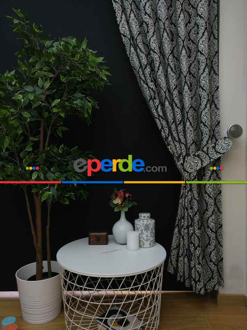 Salon Fon Perde - Damask Desenli Oturma Odası Fon Perde- Siyah
