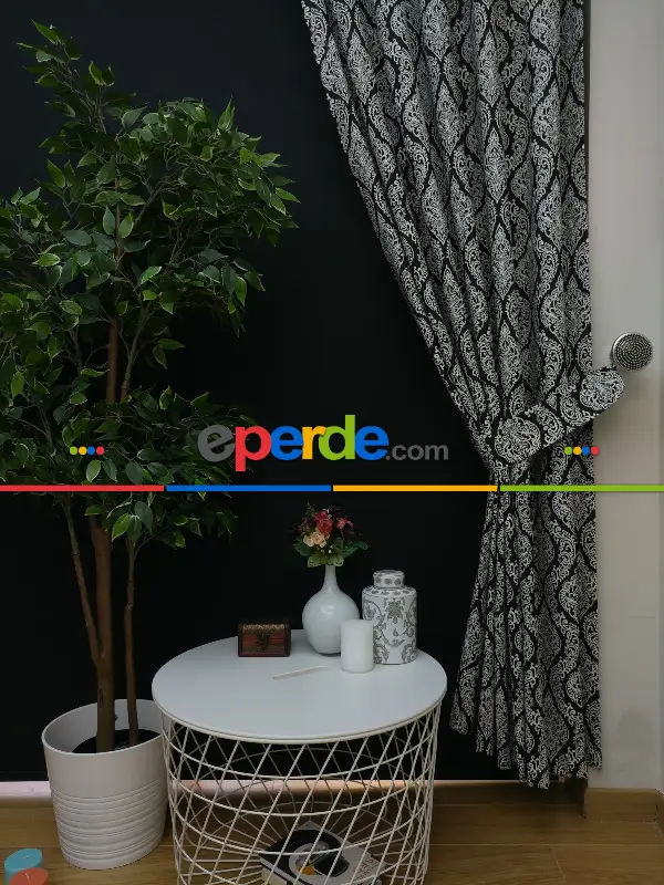 Yatak Odası - Damask Desenli Oturma Odası Fon Perde- Siyah