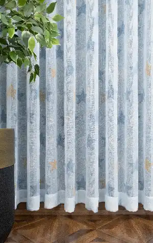 Çocuk Odası - Mavi Yıldız Desenli Keten Zemin Baskılı Tül Perde (( Açıklamayı Okuyunuz ))