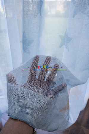 Fırsat Ürünü!! Mavi Renkli Yıldız Desenli 1. Kalite Keten Zemin Baskılı Tül Perde - Erkek Çocuk Odası