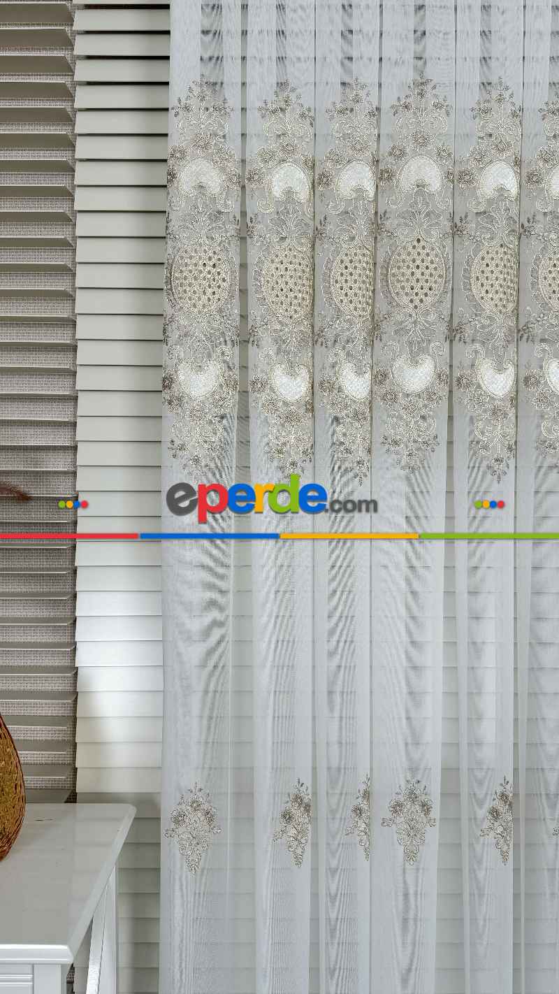 Ekru Altın Özel Dokuma, Özel İplik Brode İşlemeli Tül Perde - Ağır Gramajlı Premium Nakışlı
