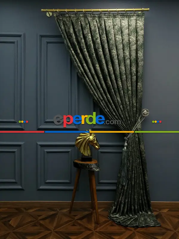 Yatak Odası Fon Patine Desenli Modern Desenli Jakarlı Fon Perde Yeni Seri 401- Haki Yeşil