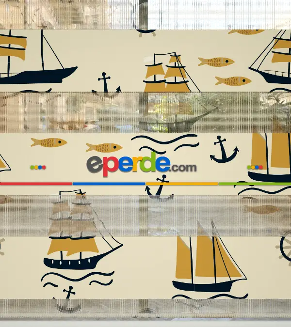 Çocuk Odası Zebra - Denizci Desenli Baskılı Zebra Perde- Siyah-Taba-Çok Renkli-Açık Camel