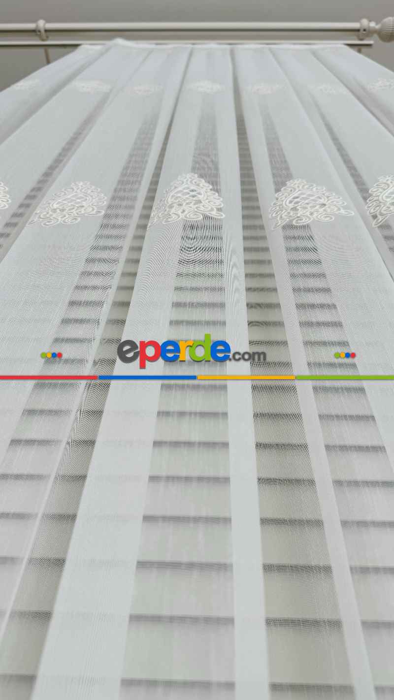 Oturma Odası Ekru Özel Dokuma Damask, Bej Özel İplik Brode İşlemeli Tül Perde - Ağır Gramajlı Premium Nakışlı