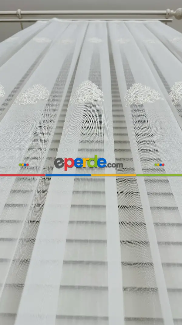 Ekru Özel Dokuma Damask, Bej Özel İplik Brode İşlemeli Tül Perde - Ağır Gramajlı Premium Nakışlı