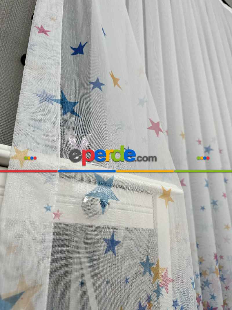 Bebek Odası Tül Perde - Çok Renkli Yıldız Baskılı Tül Perde, Çocuk-bebek Odası, Premium Seri