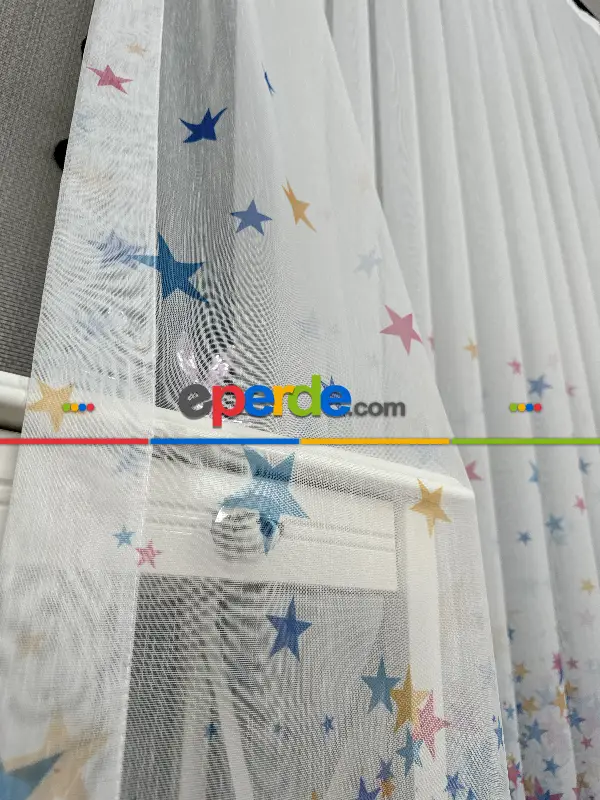 Bebek Odası Tül Perde - Çok Renkli Yıldız Baskılı Tül Perde, Çocuk-bebek Odası, Premium Seri