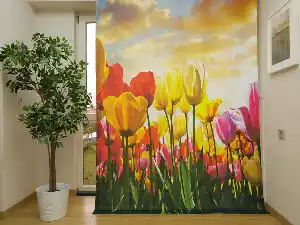 Lale Desenli Modern Fon Perde - Kırmızı Sarı Pembe Mavi-  Çok Renkli 2 160cm X 255cm 