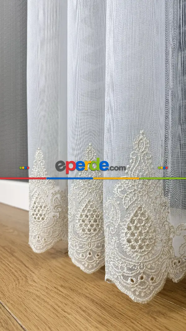 Ekru Açık Altın Etek Ucu Özel İplik Damask Brode İşlemeli Tül Perde - Ağır Gramajlı Premium Nakışlı