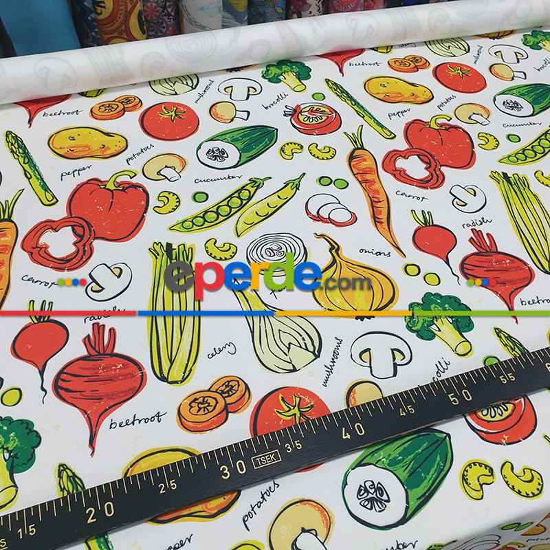 Mutfak Perdesi Kanat Fon Perde Sebze Desenli- Yeşil