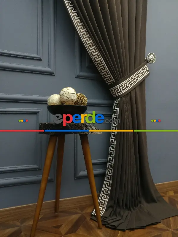 Modern Bordürlü Salon Fon Perdesi İkon 2021 Elıte- Krem Açık-kahve Venge-kahve