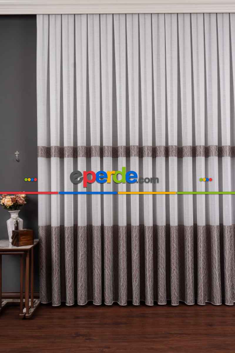 Salon Tül Modelleri - Keten Etek Dokuma Ekru-gri Tül Perde