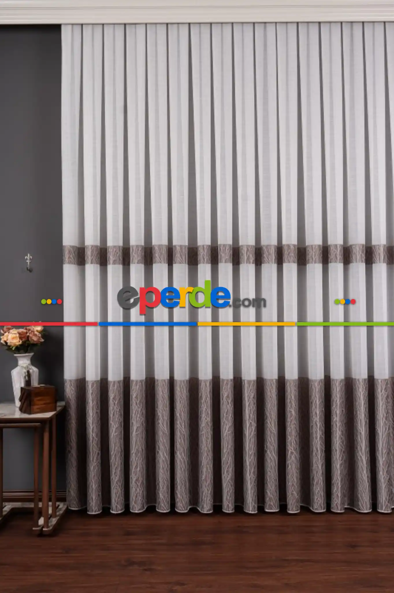 Salon Tül Modelleri - Keten Etek Dokuma Ekru-gri Tül Perde