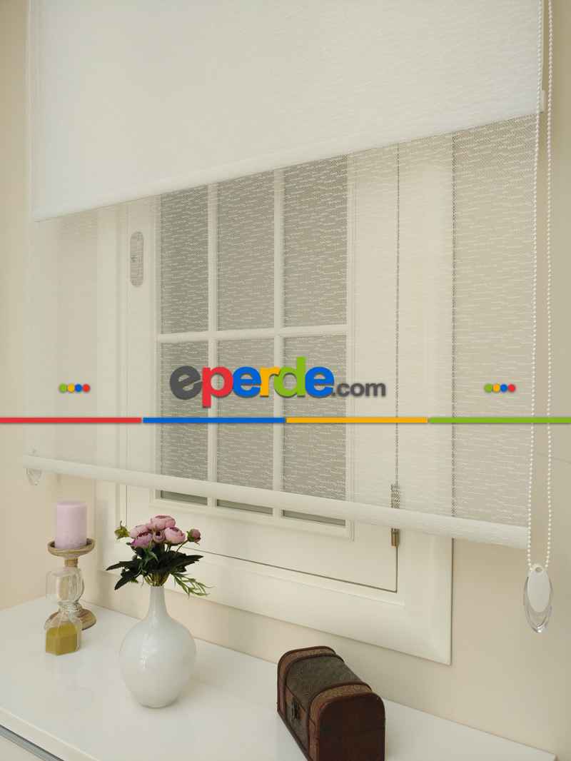 Jakar Örme Tül- Ekru Çiftli Sistem Dantel Desenli Perde- Ekru