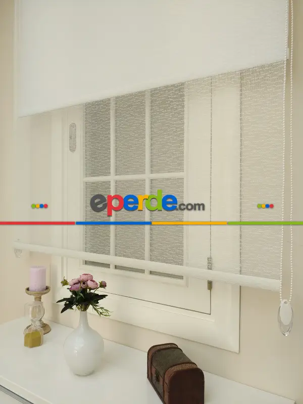 Jakar Örme Tül- Ekru Çiftli Sistem Dantel Desenli Perde- Ekru