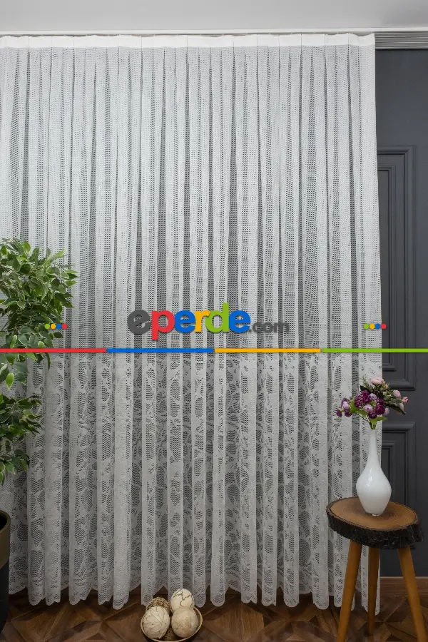 Salon - Eteği Desenli Örme Tül - Ekru Renk Yüksek Kalite