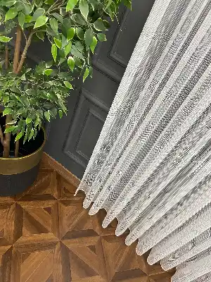 Salon - Zincir Çizgili Tül Perde Ekru Renk Kırık Beyaz- Ekru