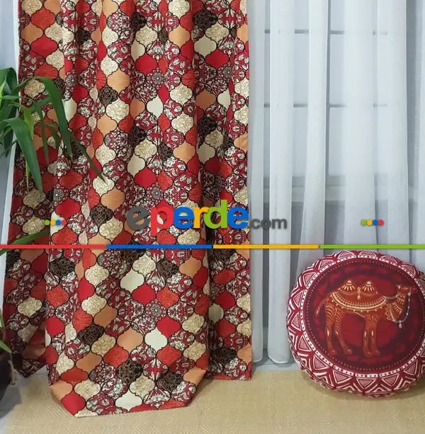 Bordo Osmanlı Desenli Fon Perde Evm598 Kumaşı Kalındır Duck Bezi Değildir- Sarı-Beyaz-Bordo