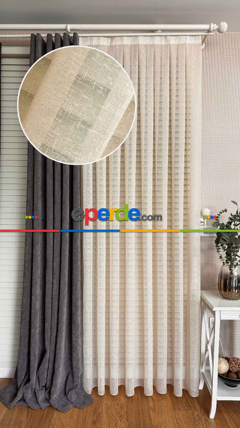Bej Naturel Keten Düz Tül Perde, Premium Kalite Serisi, Eteği Kurşunlu - Beıge Folded Lınen